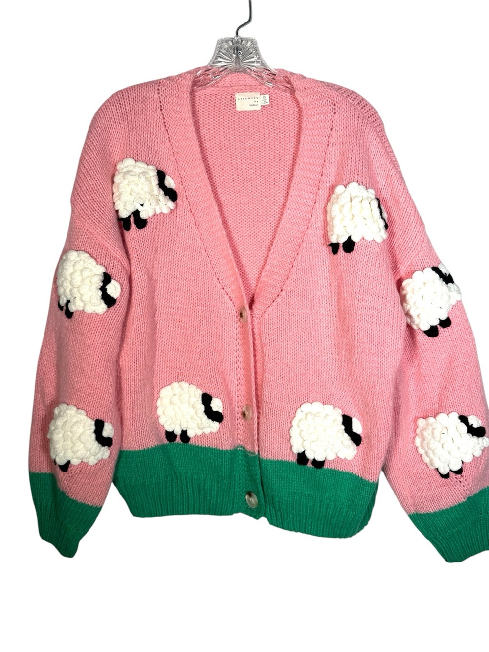 NEW Dreamers By Debut 3D Sheep Cardigan Sweater Pink Green Women’s Sz XL